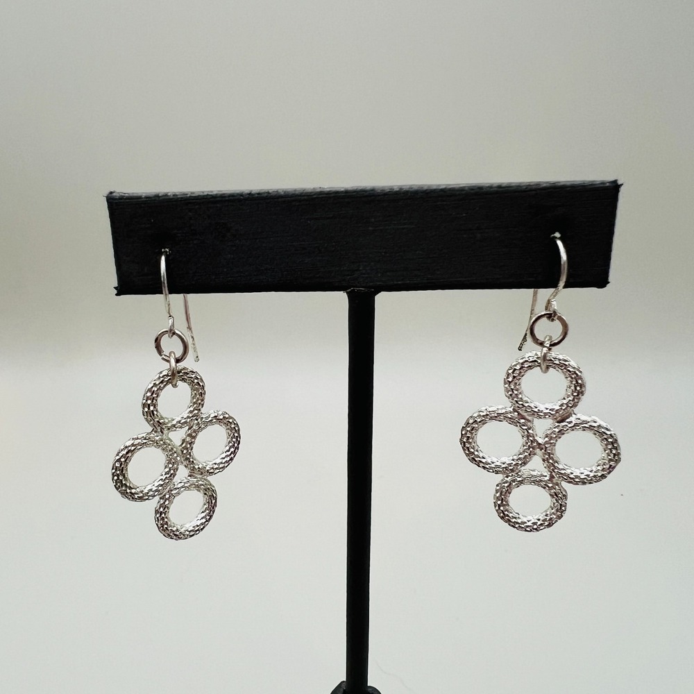 Textured Circle Drop Pierced Earrings Silver Tone Dangle Open Link Statement